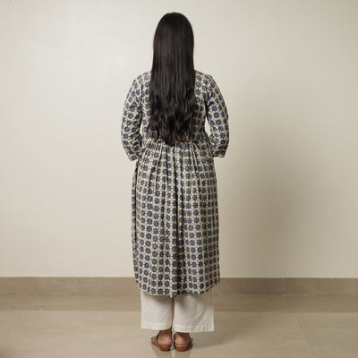 Beige - Ajrakh Block Printed Cotton Flared Kurta 02