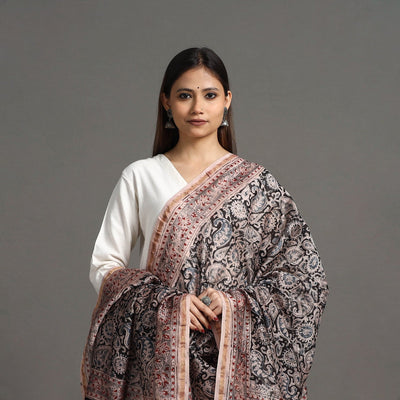 Black - Pedana Block Print Chanderi Silk Kalamkari Dupatta 02