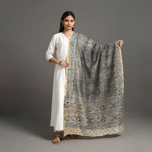 Black - Pedana Block Print Chanderi Silk Kalamkari Dupatta 03