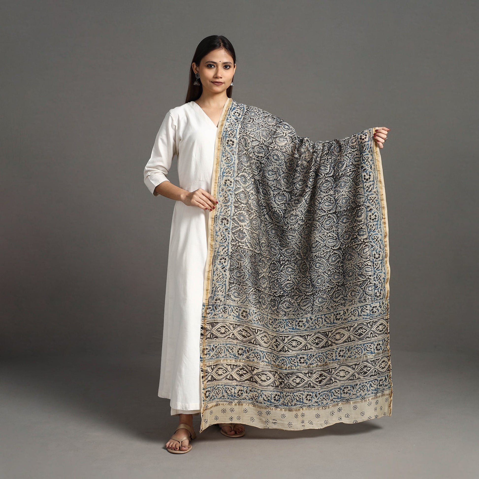 Black - Pedana Block Print Chanderi Silk Kalamkari Dupatta 03