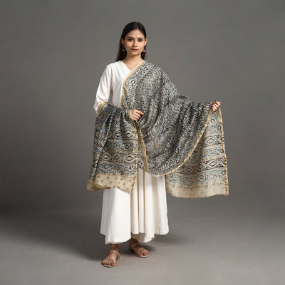 Black - Pedana Block Print Chanderi Silk Kalamkari Dupatta 03