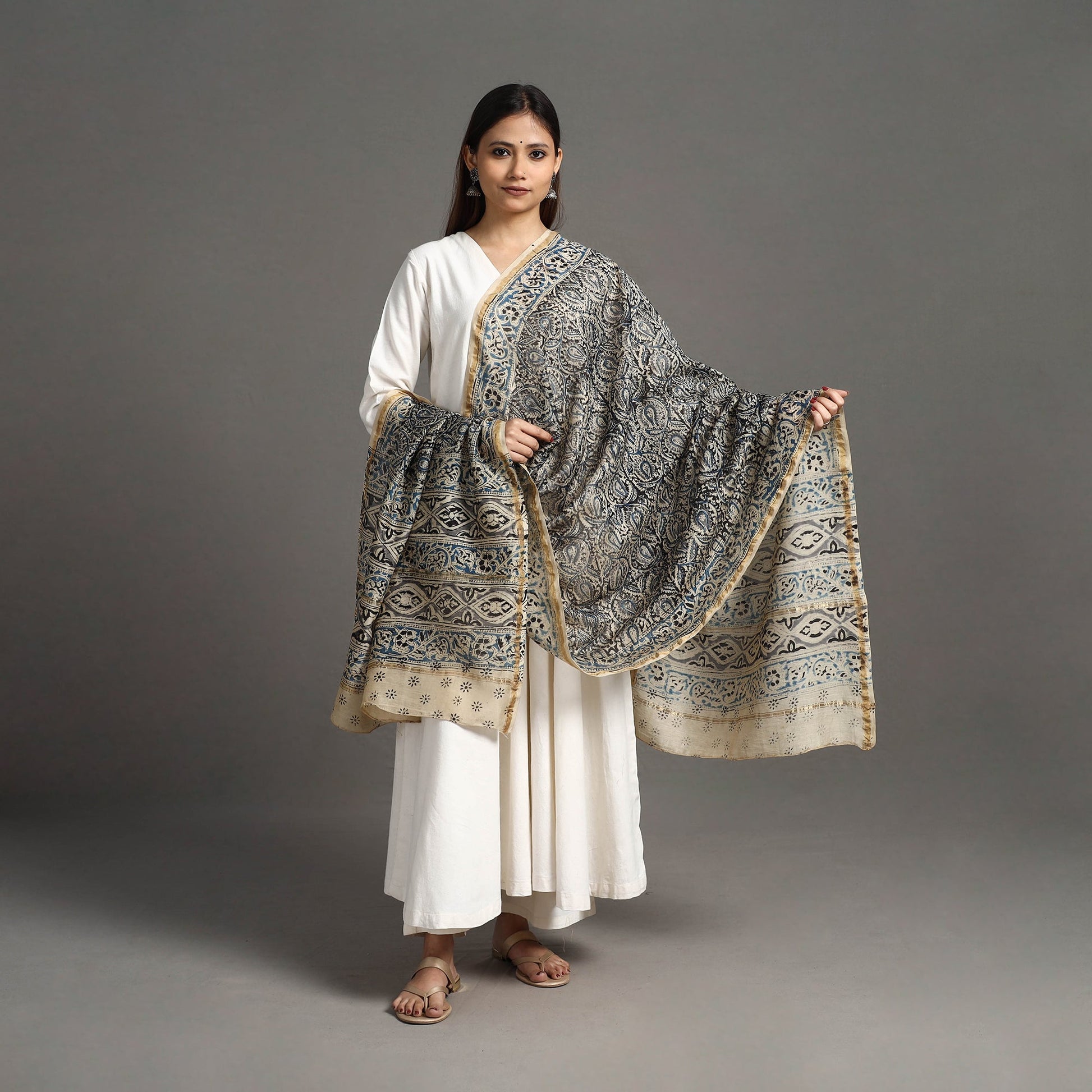 Black - Pedana Block Print Chanderi Silk Kalamkari Dupatta 03