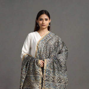 Black - Pedana Block Print Chanderi Silk Kalamkari Dupatta 03