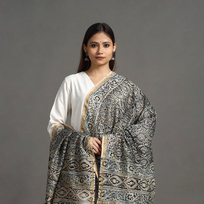 Black - Pedana Block Print Chanderi Silk Kalamkari Dupatta 03
