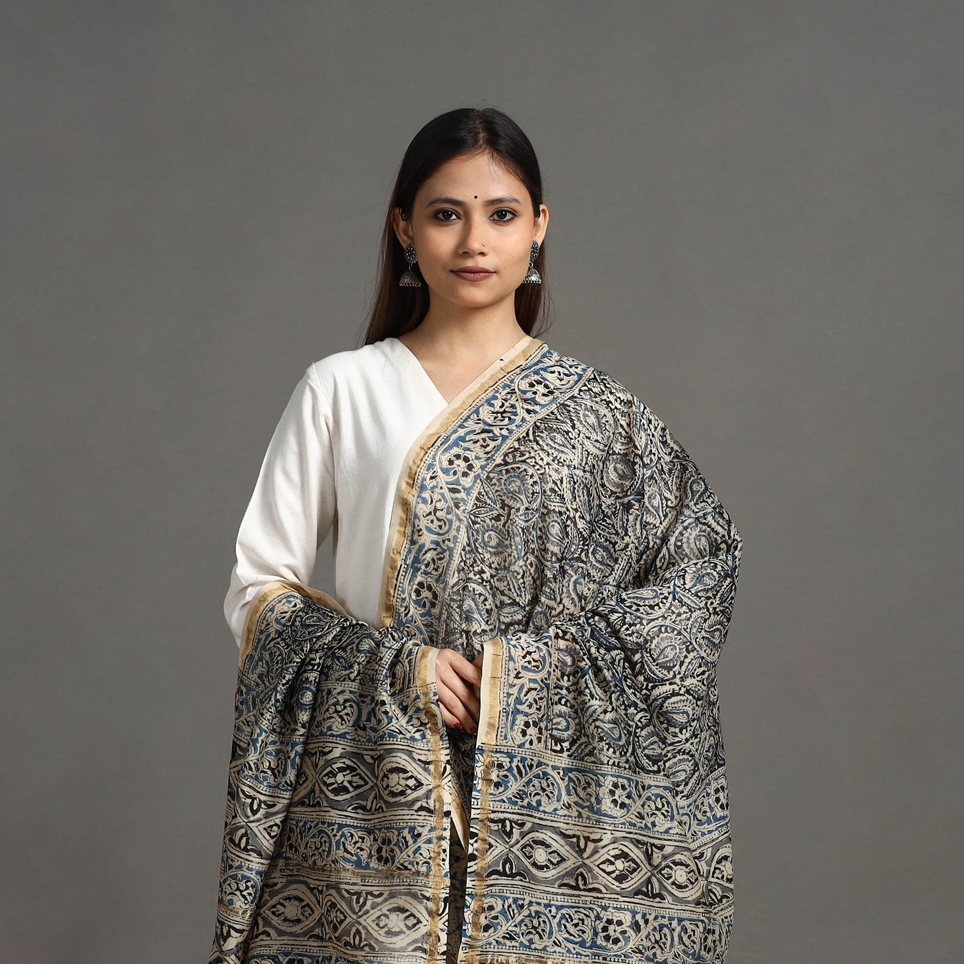 Black - Pedana Block Print Chanderi Silk Kalamkari Dupatta 03