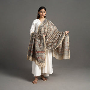 Beige - Pedana Block Print Chanderi Silk Kalamkari Dupatta 04
