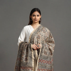 Beige - Pedana Block Print Chanderi Silk Kalamkari Dupatta 04