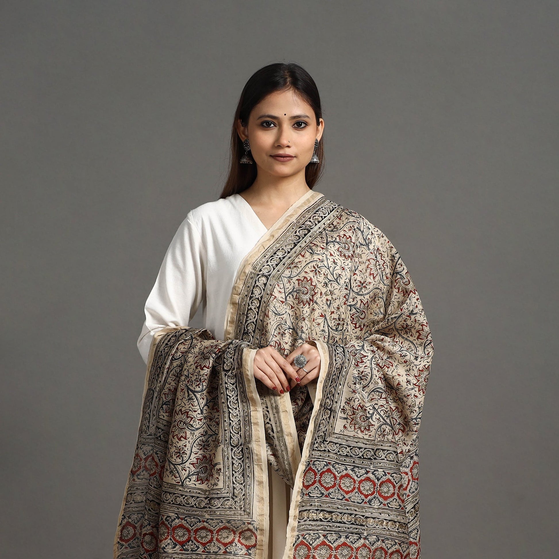 Beige - Pedana Block Print Chanderi Silk Kalamkari Dupatta 04