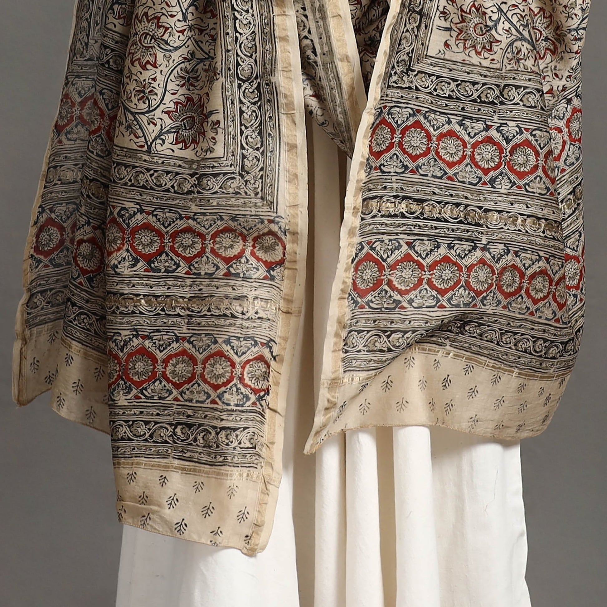 Beige - Pedana Block Print Chanderi Silk Kalamkari Dupatta 04