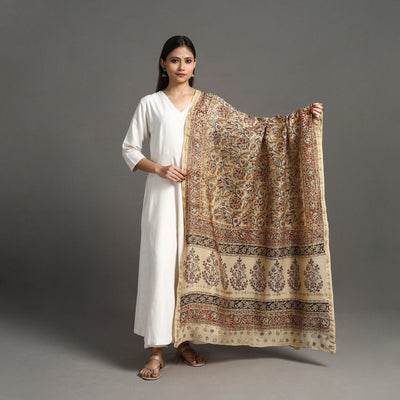 Beige - Pedana Block Print Chanderi Silk Kalamkari Dupatta 05