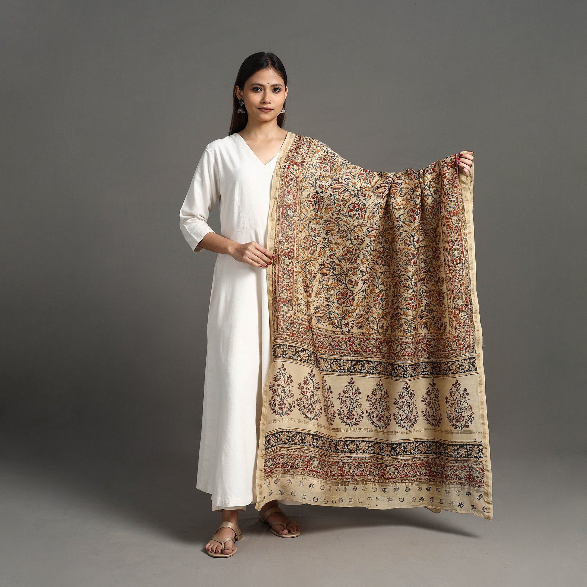 Beige - Pedana Block Print Chanderi Silk Kalamkari Dupatta 05
