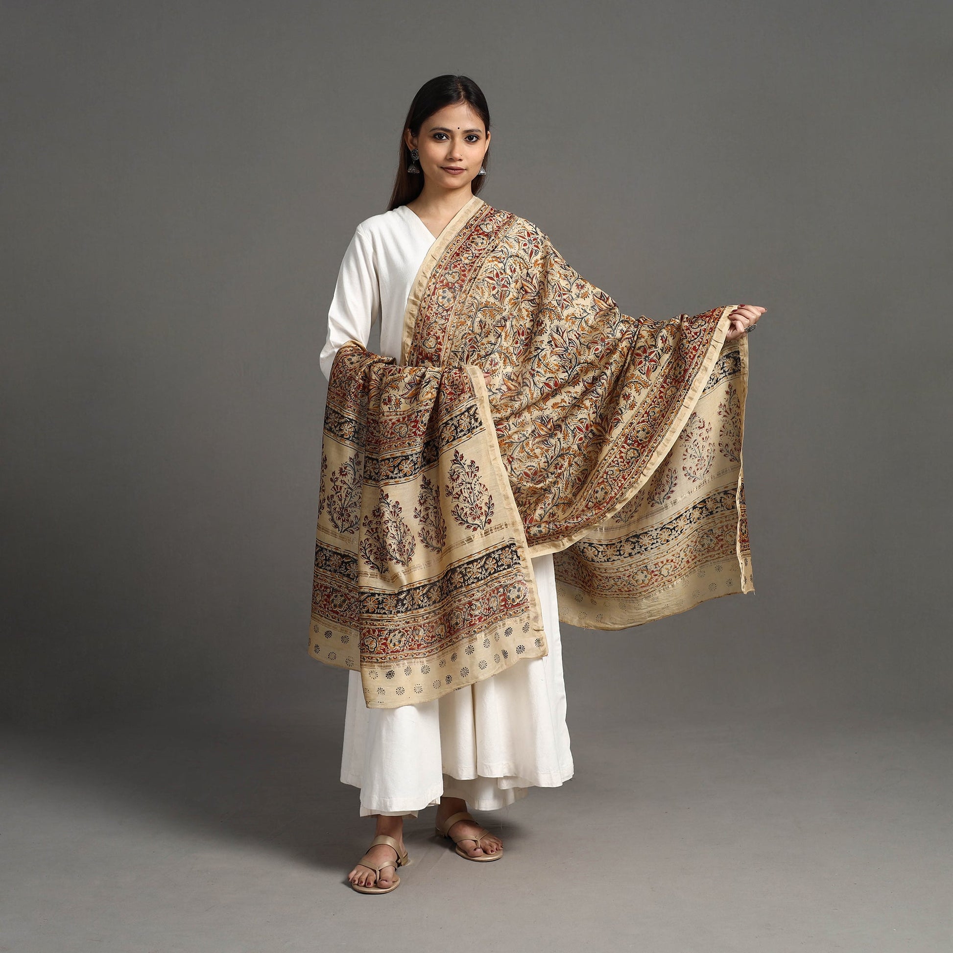 Beige - Pedana Block Print Chanderi Silk Kalamkari Dupatta 05