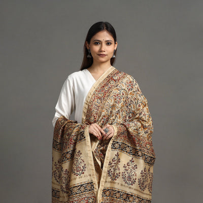 Beige - Pedana Block Print Chanderi Silk Kalamkari Dupatta 05