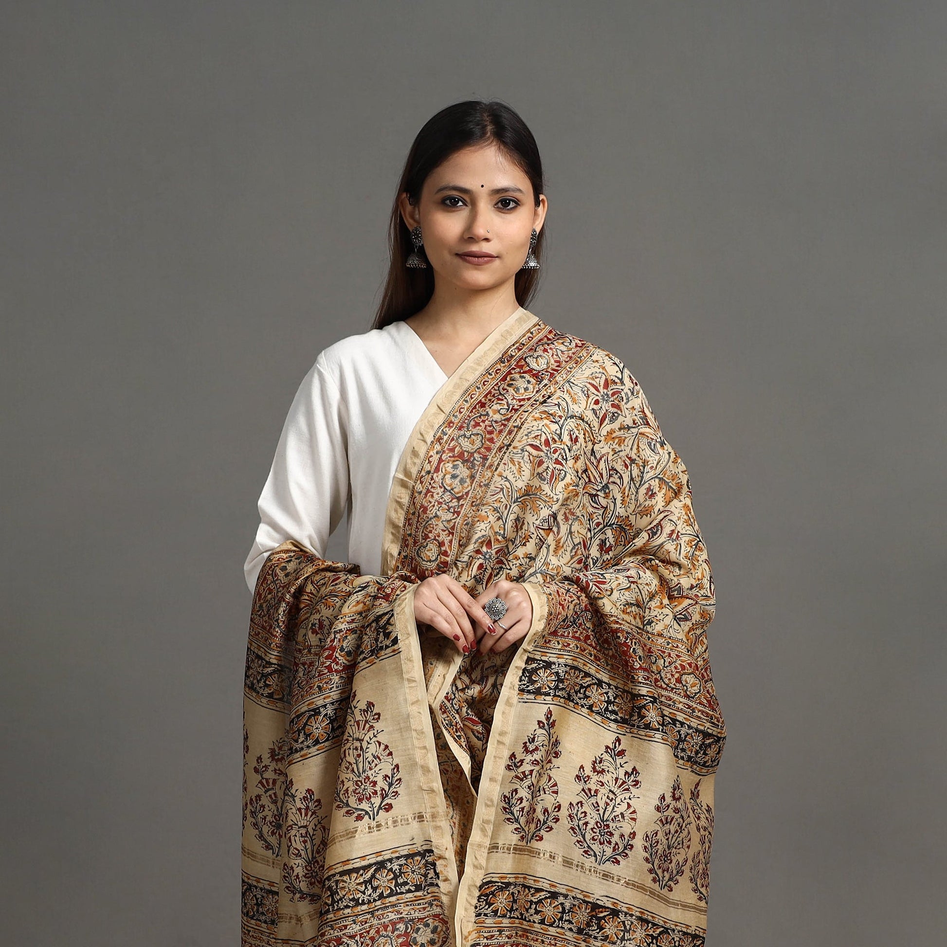 Beige - Pedana Block Print Chanderi Silk Kalamkari Dupatta 05