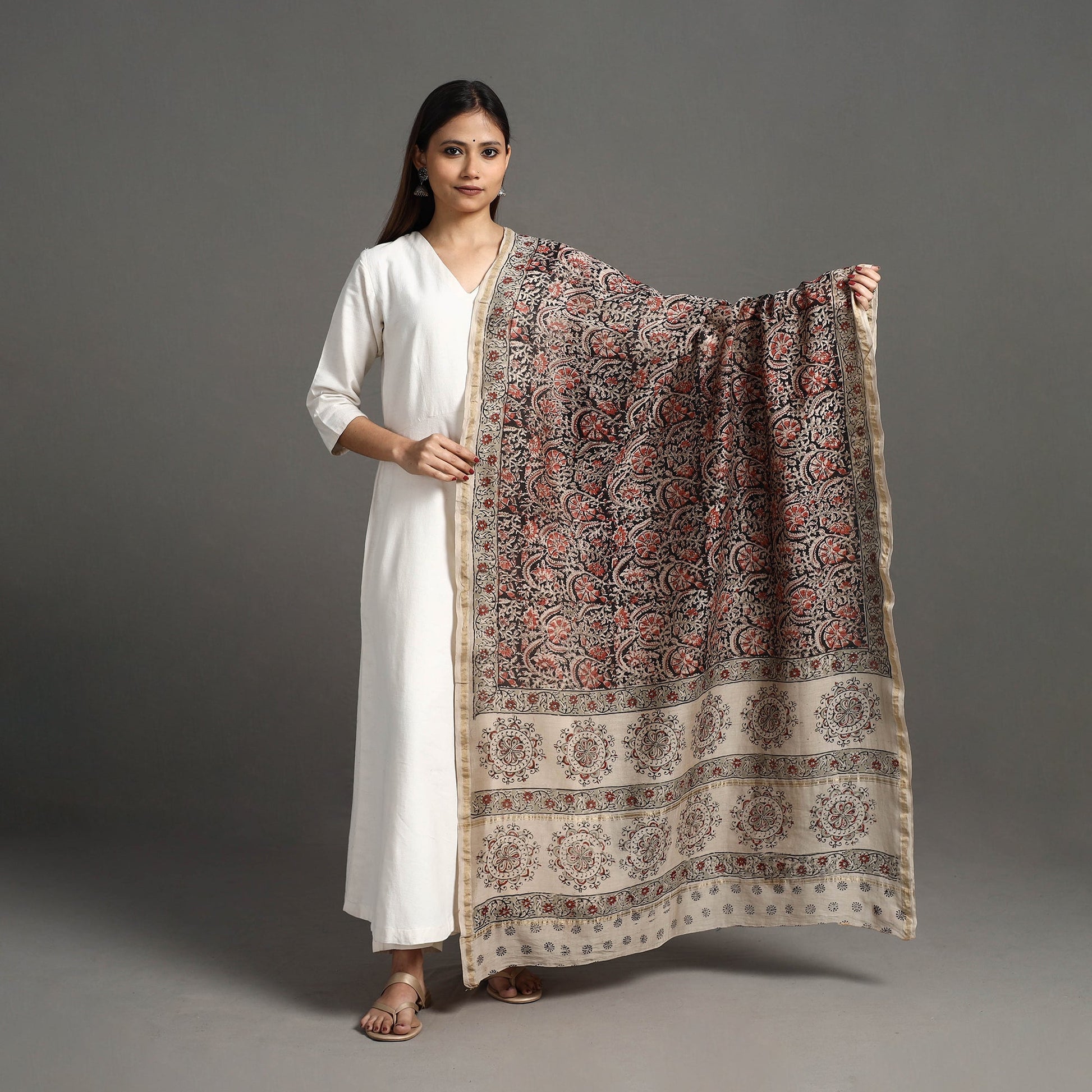 Black - Pedana Block Print Chanderi Silk Kalamkari Dupatta 06