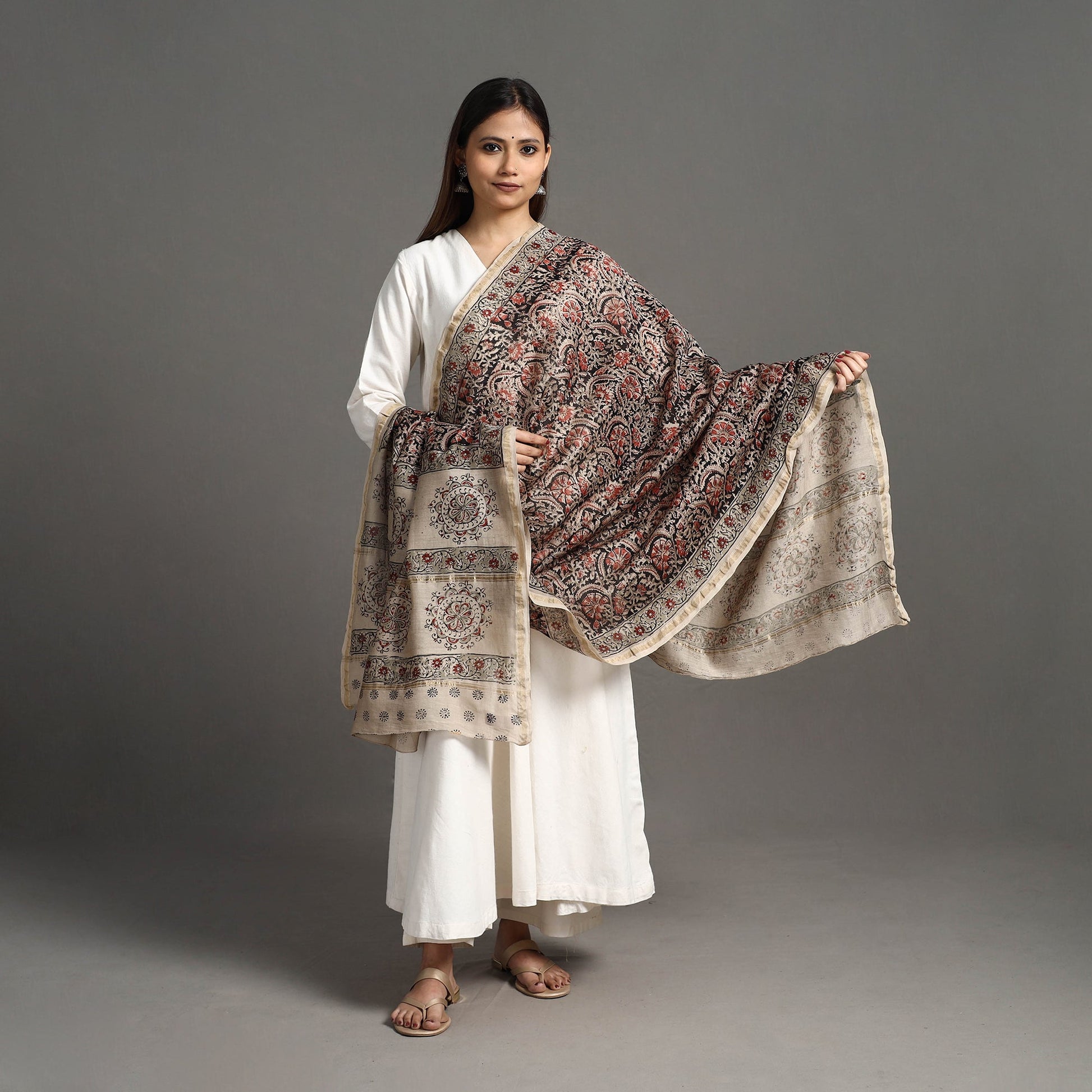 Black - Pedana Block Print Chanderi Silk Kalamkari Dupatta 06