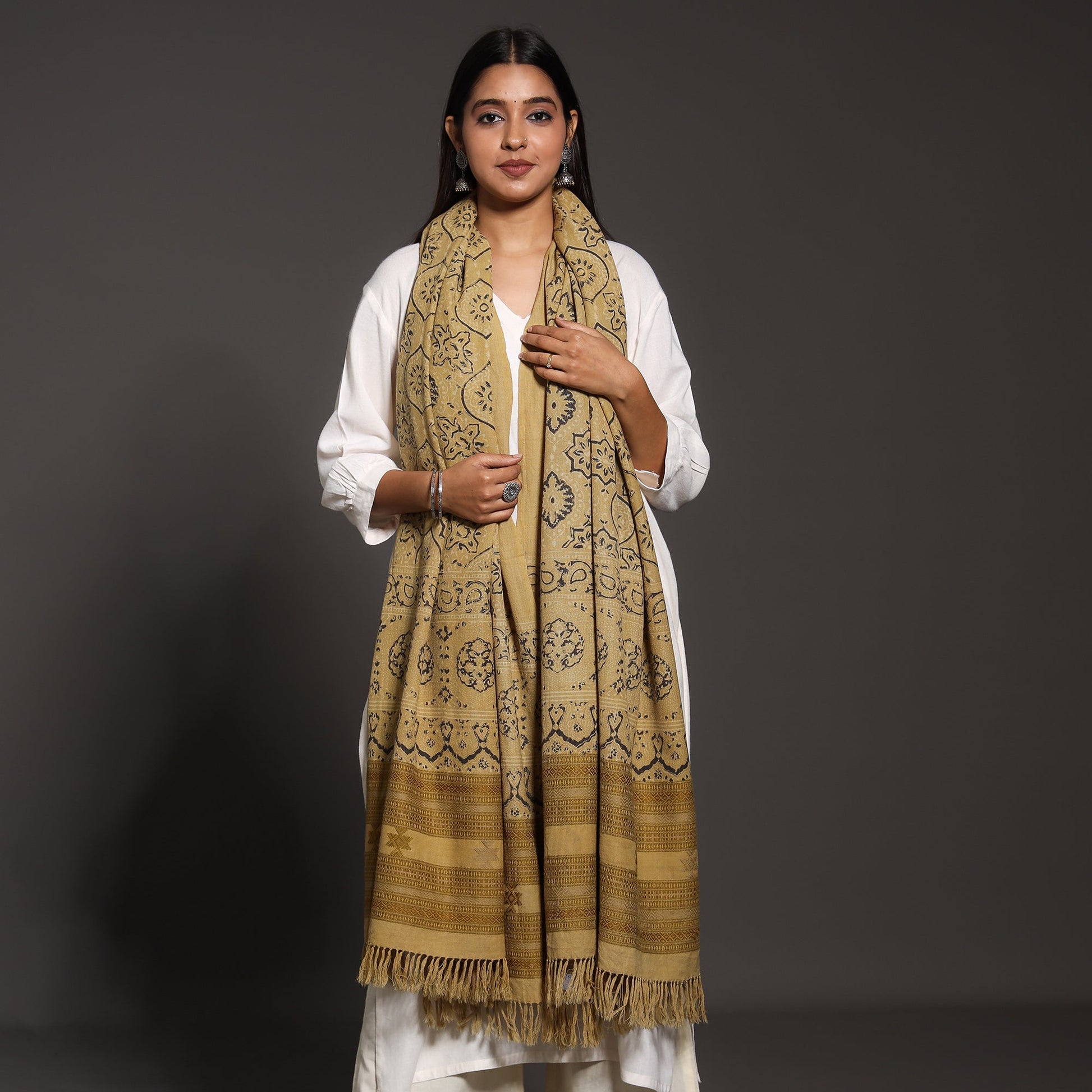 Brown - Kutch Traditional Ajrakh Block Printed Handwoven Pure Wool Shawl