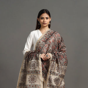 Black - Pedana Block Print Chanderi Silk Kalamkari Dupatta 06