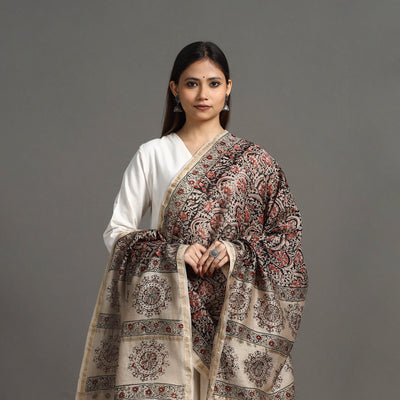 Black - Pedana Block Print Chanderi Silk Kalamkari Dupatta 06