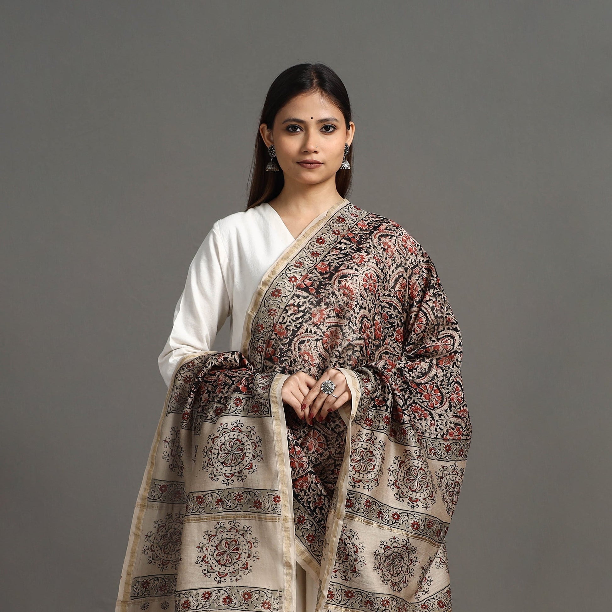 Black - Pedana Block Print Chanderi Silk Kalamkari Dupatta 06