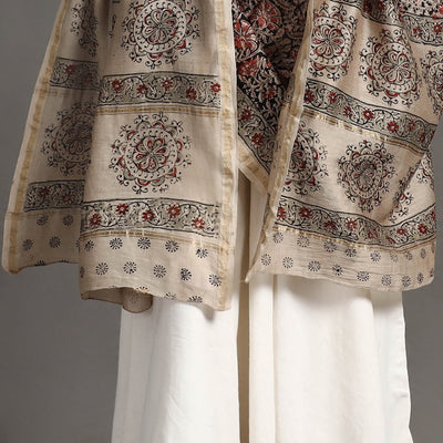 Black - Pedana Block Print Chanderi Silk Kalamkari Dupatta 06