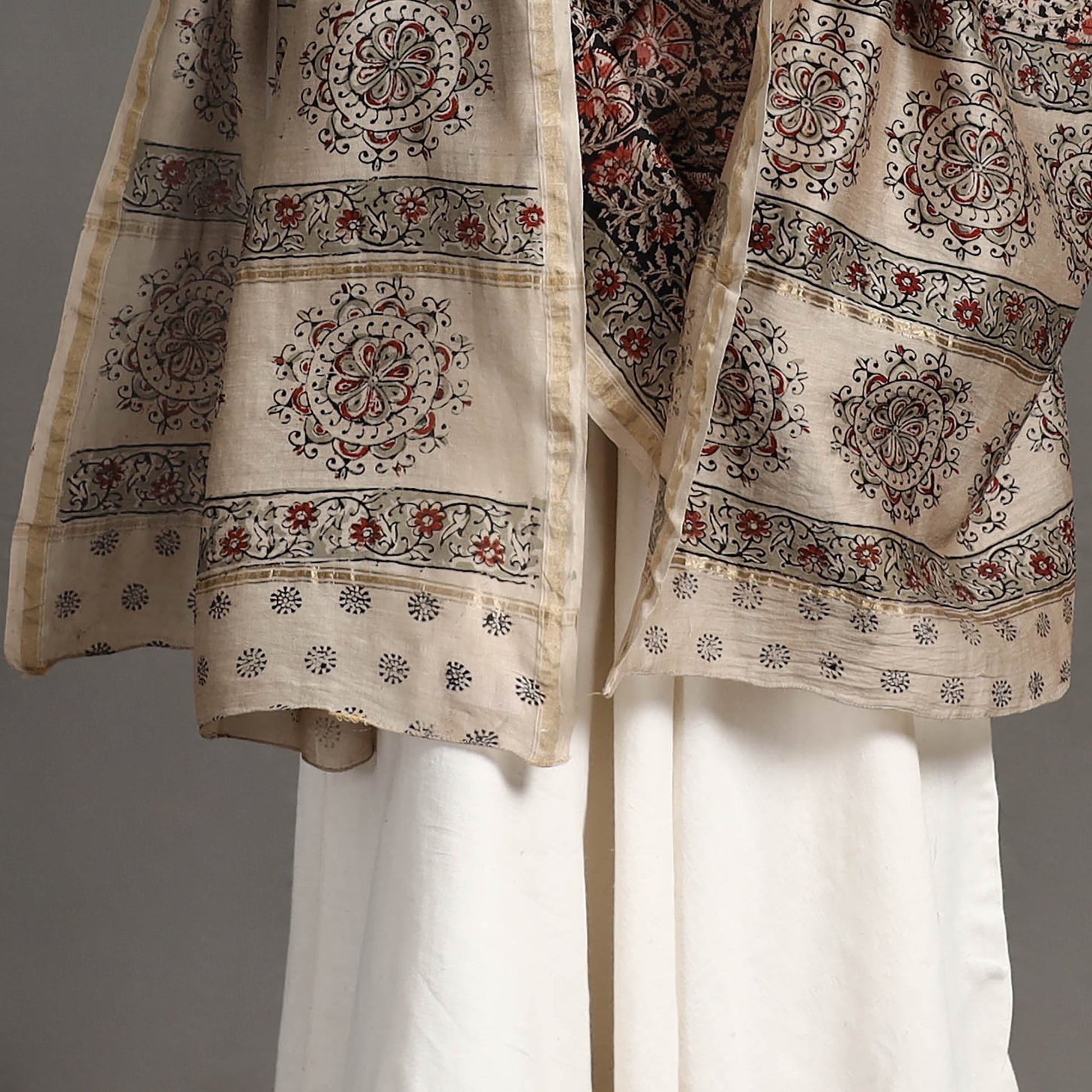 Black - Pedana Block Print Chanderi Silk Kalamkari Dupatta 06