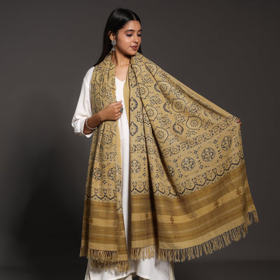 Brown - Kutch Traditional Ajrakh Block Printed Handwoven Pure Wool Shawl