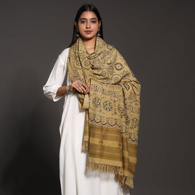 Brown - Kutch Traditional Ajrakh Block Printed Handwoven Pure Wool Shawl