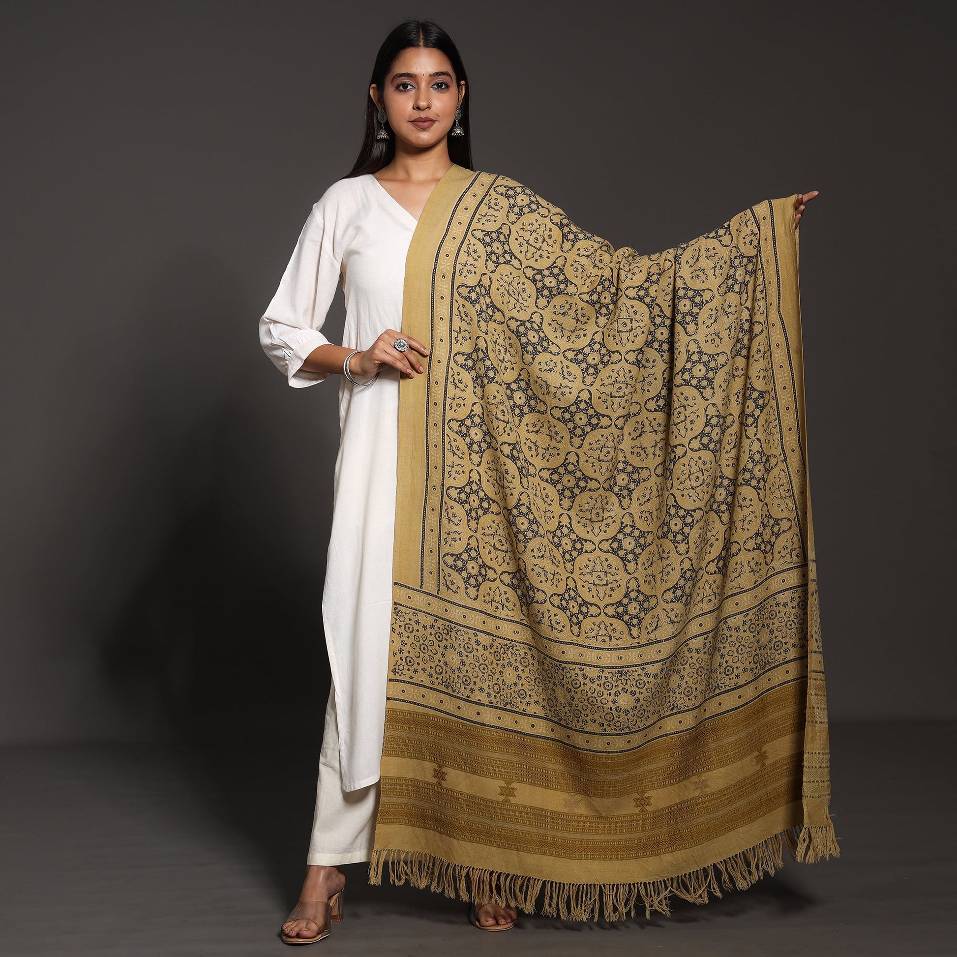 Brown - Kutch Traditional Ajrakh Block Printed Handwoven Pure Wool Shawl