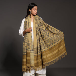 Brown - Kutch Traditional Ajrakh Block Printed Handwoven Pure Wool Shawl