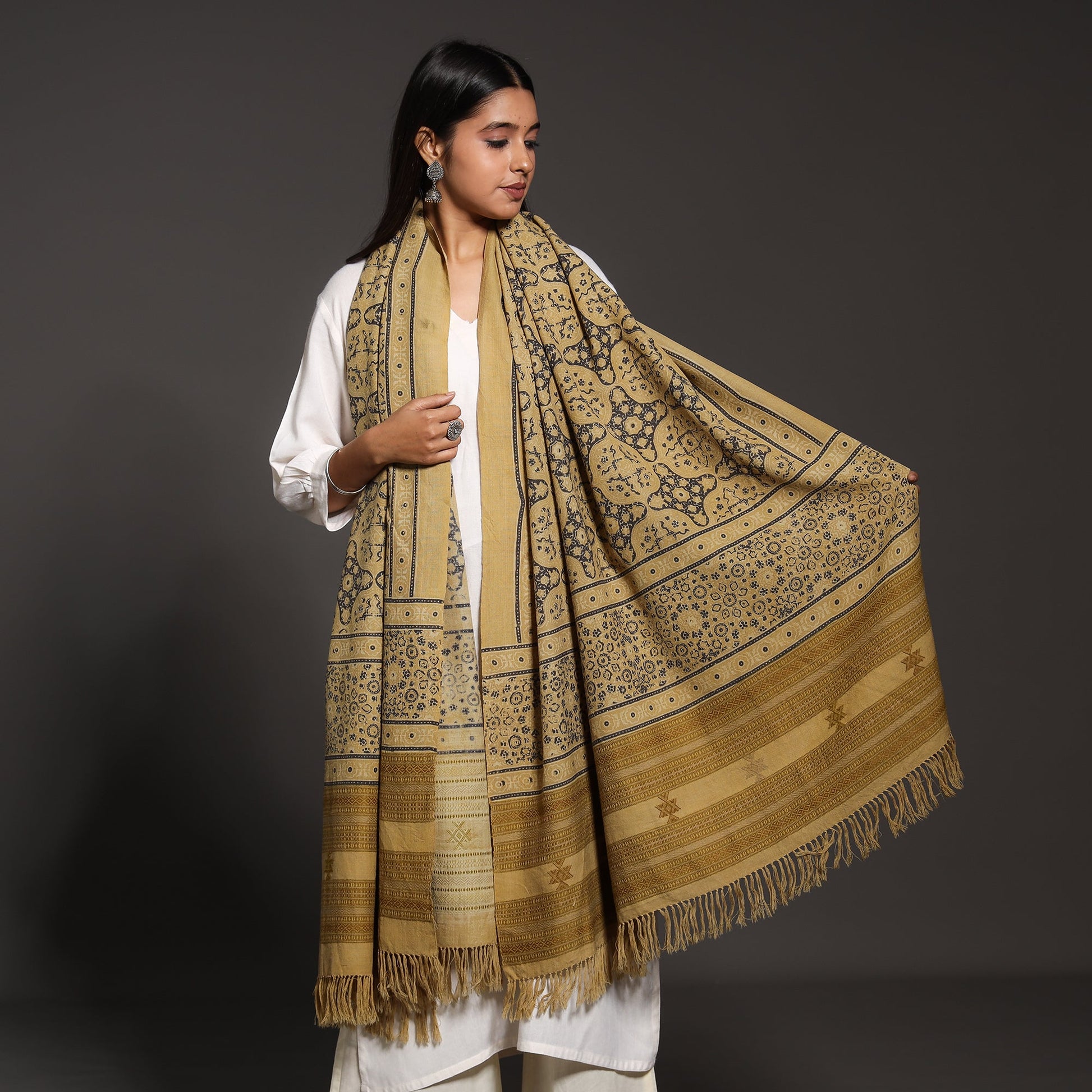 Brown - Kutch Traditional Ajrakh Block Printed Handwoven Pure Wool Shawl