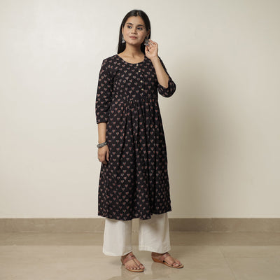 Black - Ajrakh Block Printed Cotton Flared Kurta 03