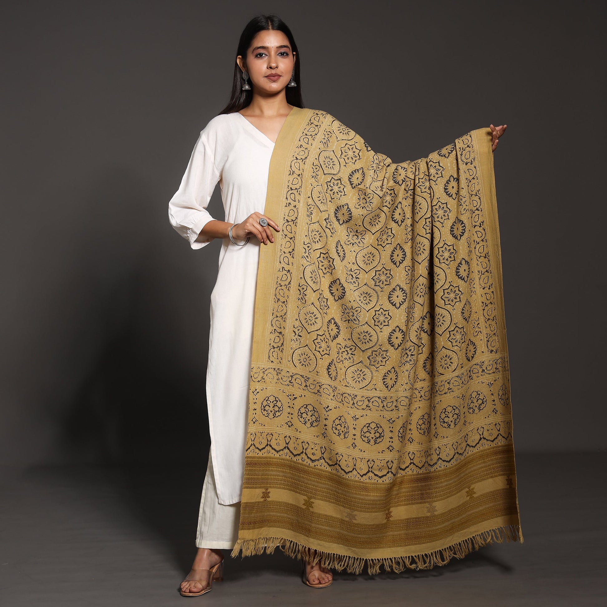 Brown - Kutch Traditional Ajrakh Block Printed Handwoven Pure Wool Shawl