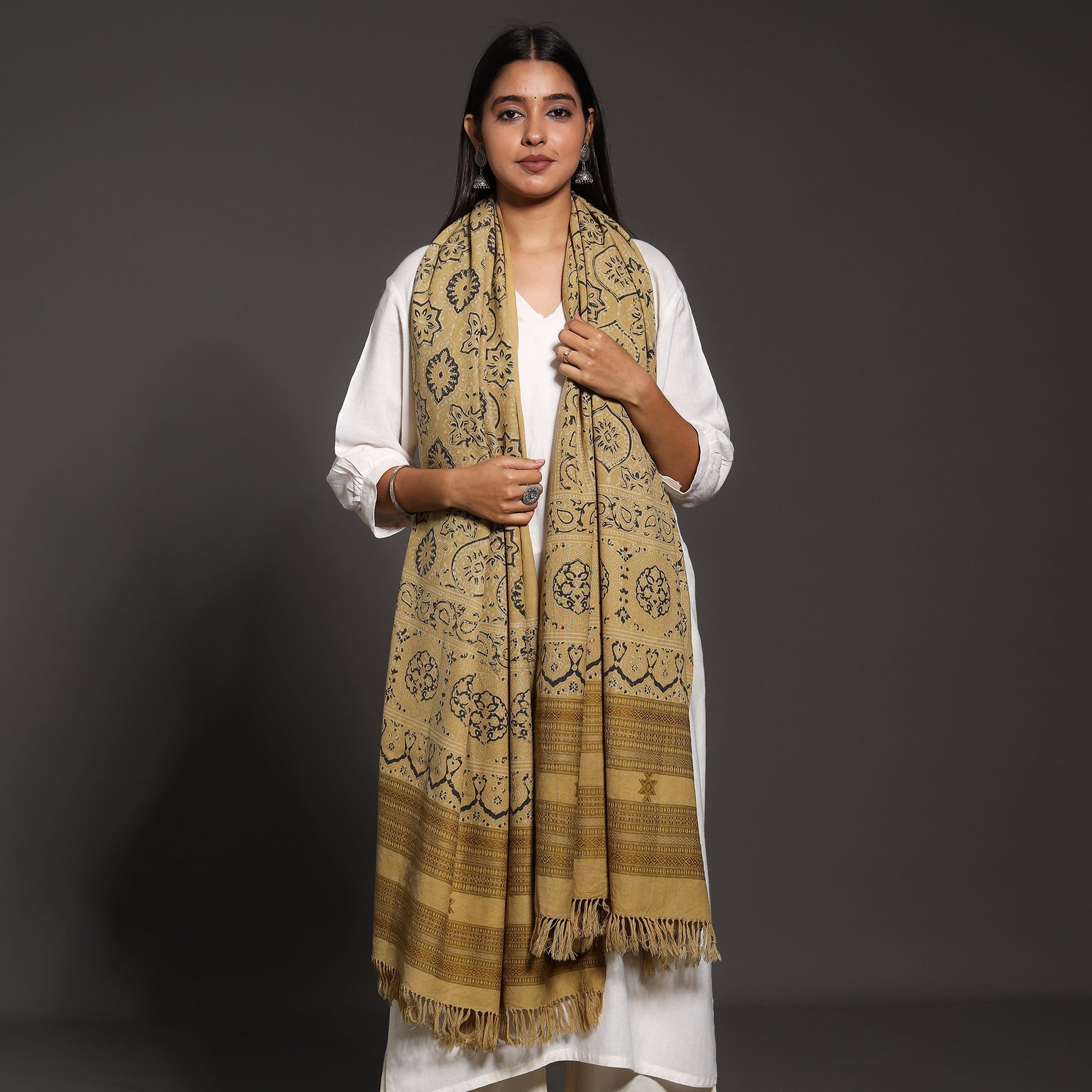 Brown - Kutch Traditional Ajrakh Block Printed Handwoven Pure Wool Shawl
