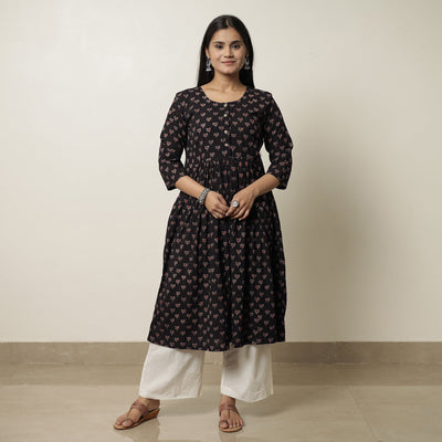 Black - Ajrakh Block Printed Cotton Flared Kurta 03