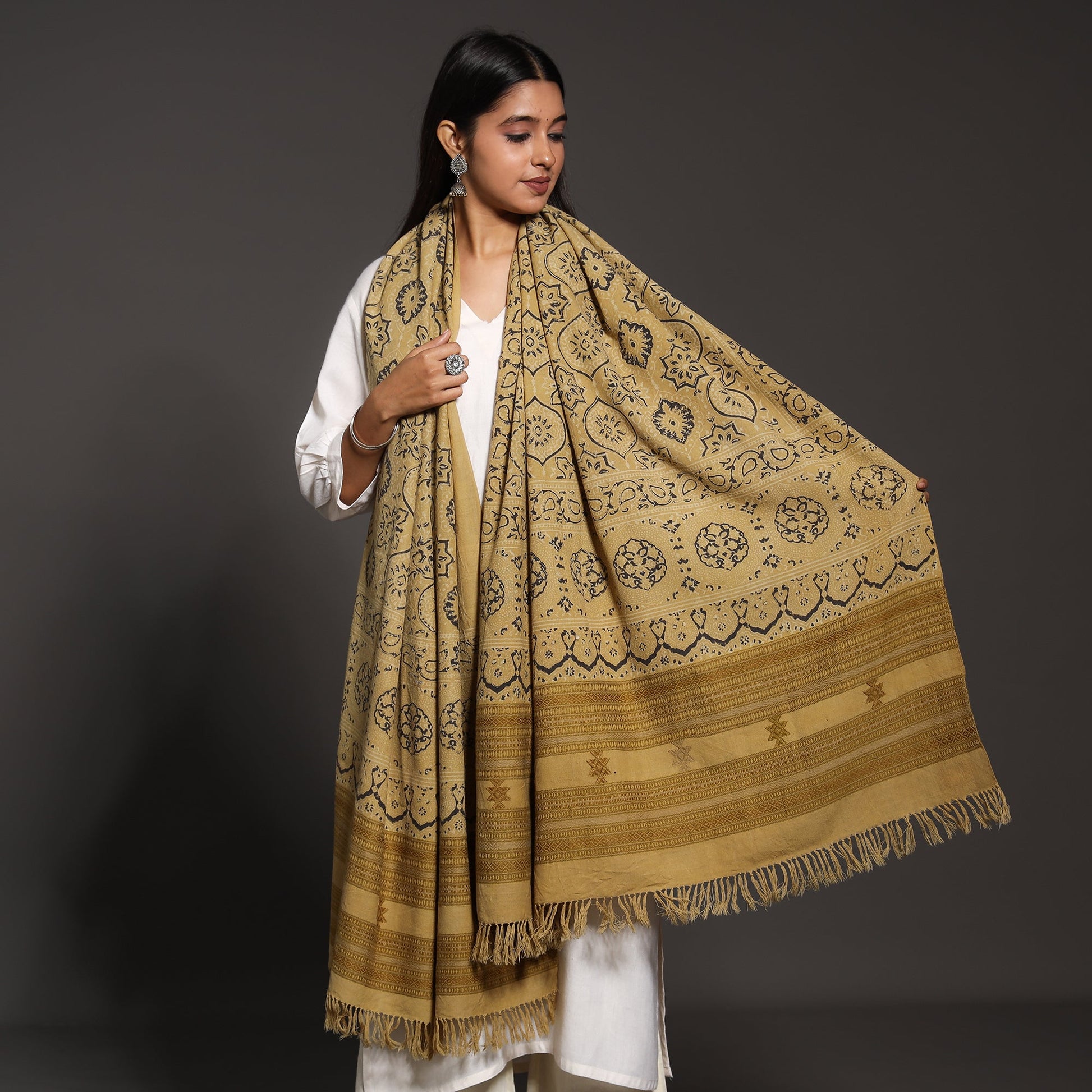 Brown - Kutch Traditional Ajrakh Block Printed Handwoven Pure Wool Shawl