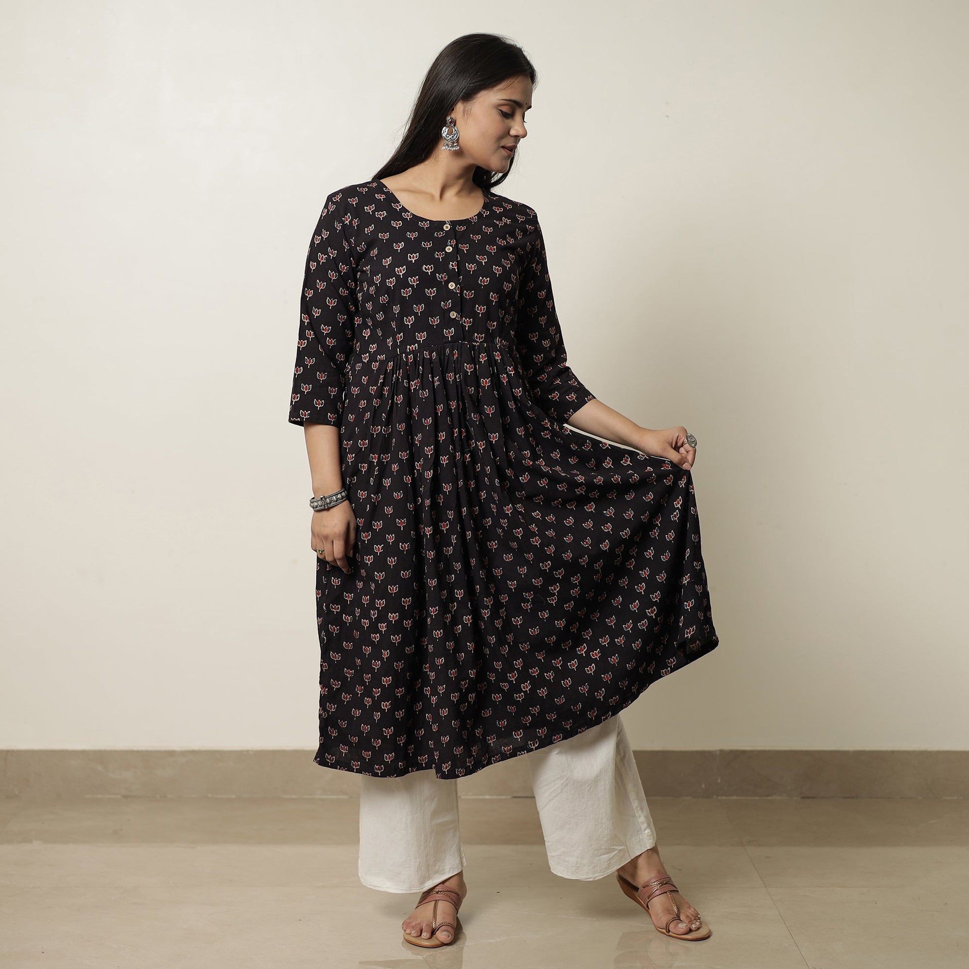 Black - Ajrakh Block Printed Cotton Flared Kurta 03
