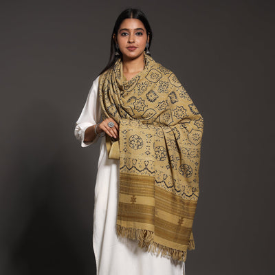 Brown - Kutch Traditional Ajrakh Block Printed Handwoven Pure Wool Shawl