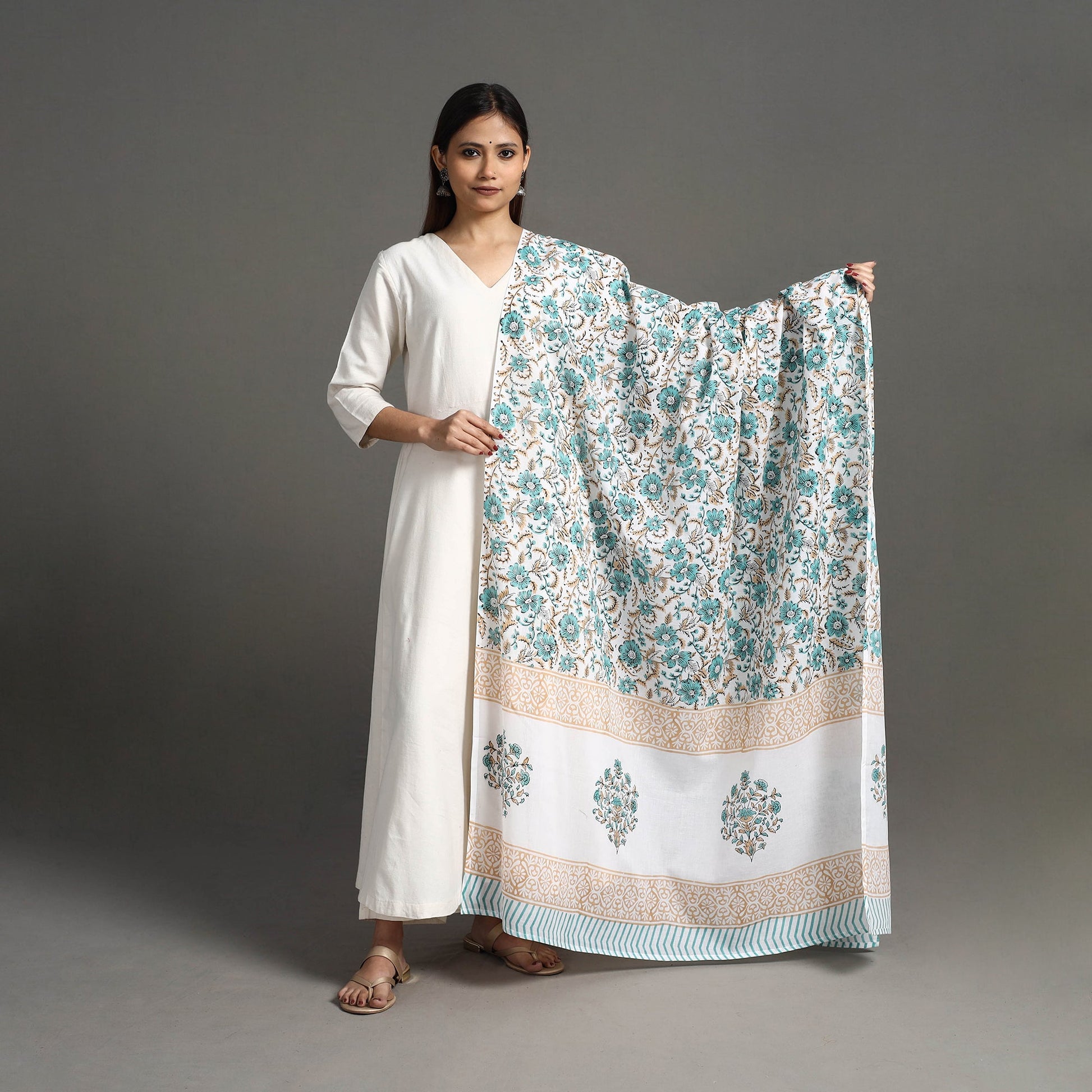 Blue - Block Print Cotton Sanganeri Floral Dupatta 05