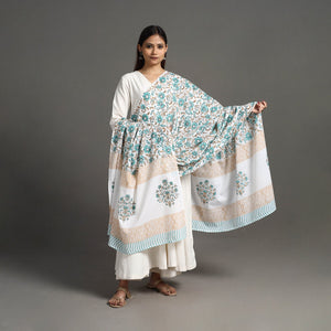 Blue - Block Print Cotton Sanganeri Floral Dupatta 05