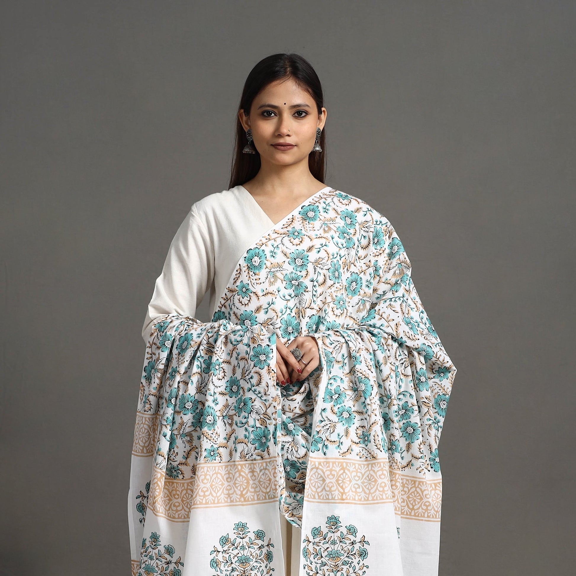 Blue - Block Print Cotton Sanganeri Floral Dupatta 05