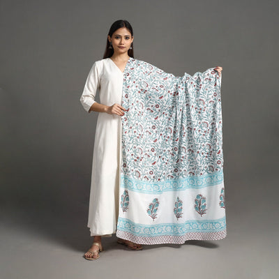 Blue - Block Print Cotton Sanganeri Floral Dupatta 06