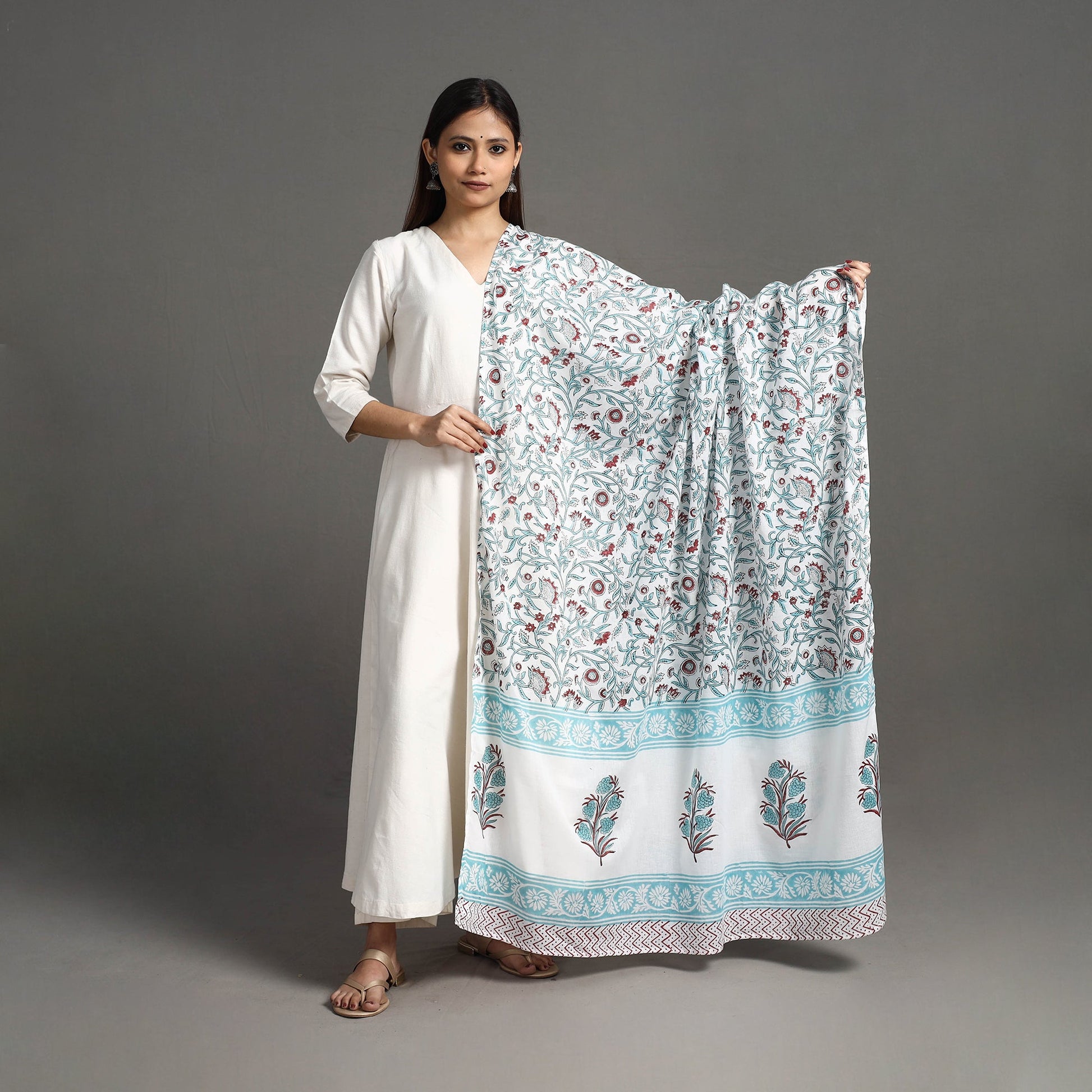 Blue - Block Print Cotton Sanganeri Floral Dupatta 06