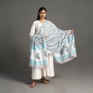 Blue - Block Print Cotton Sanganeri Floral Dupatta 06