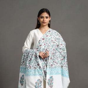 Blue - Block Print Cotton Sanganeri Floral Dupatta 06