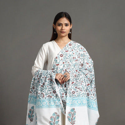 Blue - Block Print Cotton Sanganeri Floral Dupatta 06