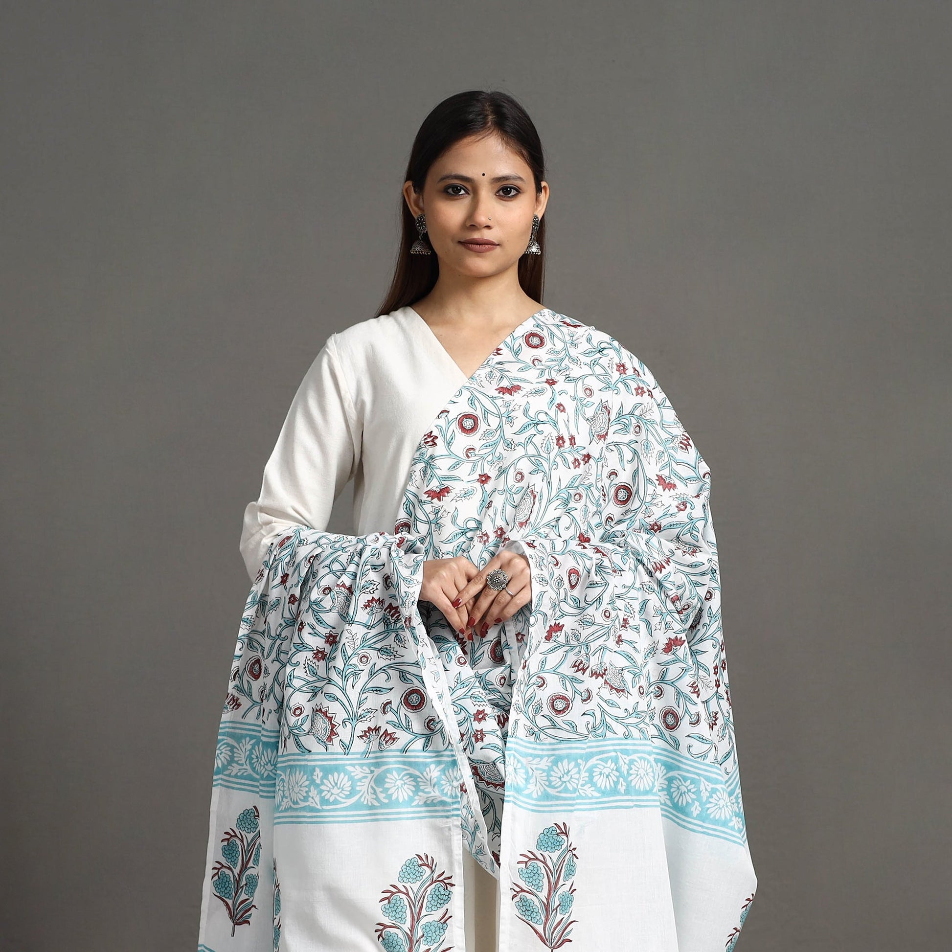 Blue - Block Print Cotton Sanganeri Floral Dupatta 06