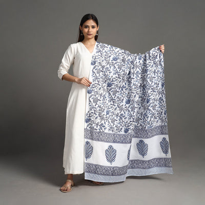 Blue - Block Print Cotton Sanganeri Floral Dupatta 10