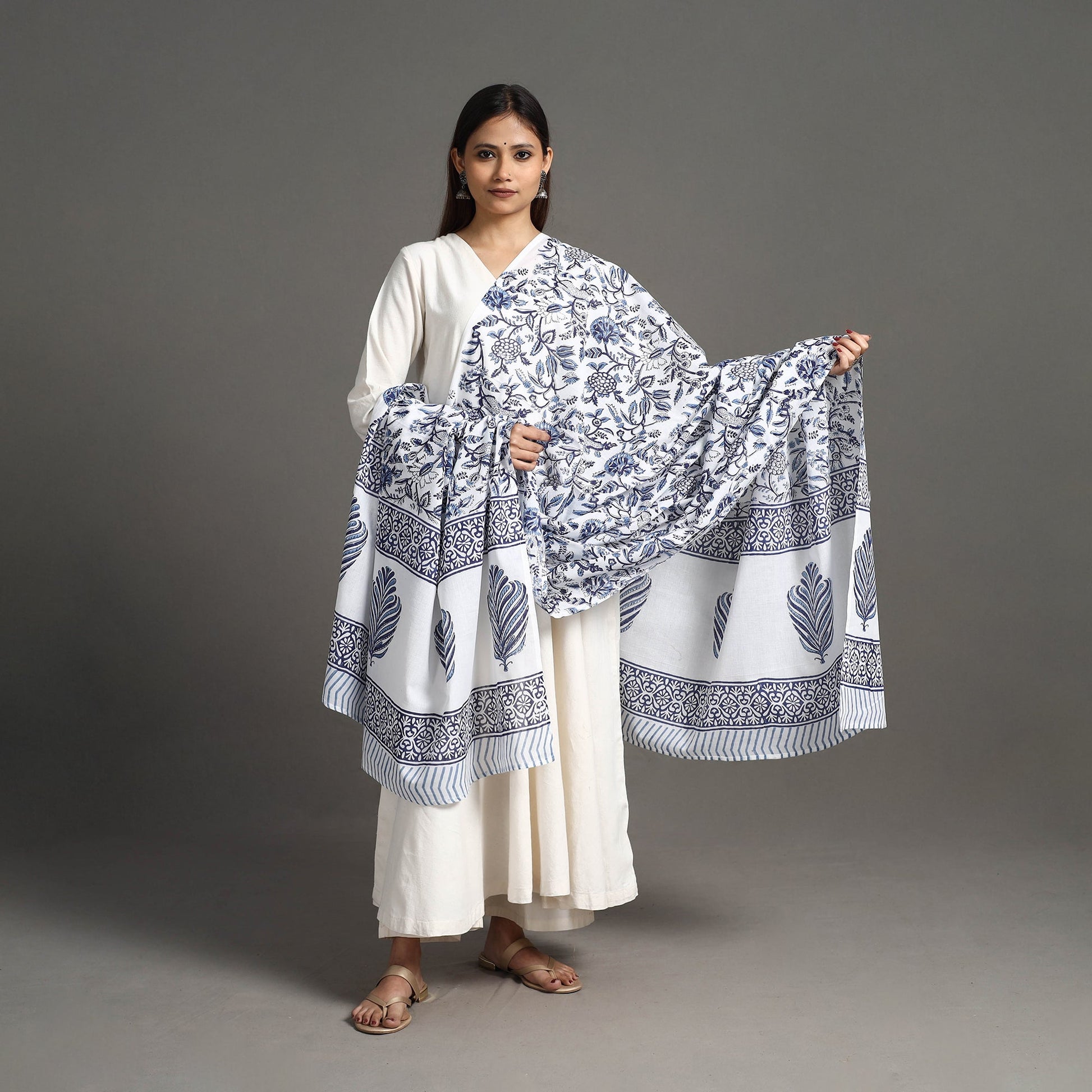 Blue - Block Print Cotton Sanganeri Floral Dupatta 10