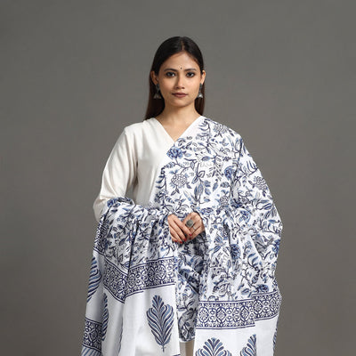 Blue - Block Print Cotton Sanganeri Floral Dupatta 10